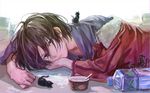  arm_pillow bad_id bad_pixiv_id black_cat black_eyes black_hair bottle cat clenched_hand closed_mouth food frown fur_trim hair_between_eyes ice_cream ice_cream_spoon ichinose777 jacket kara_no_kyoukai looking_at_viewer lying messy_hair off_shoulder on_side red_jacket ryougi_shiki solo spoon water_bottle 