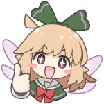  1girl ahoge alice_(kitagawa_suigetsu) blonde_hair blush_stickers bow brown_eyes capelet collar fairy fairy_wings green_bow green_capelet hair_bow kitagawa_suigetsu looking_at_viewer necktie open_mouth original pink_wings portrait red_necktie solo sparkling_eyes thumbs_up v-shaped_eyebrows white_background white_collar wings 