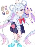  5girls animal_on_head aqua_leg_warmers ayatsumugi_roka blunt_bangs blush bow bowtie bracelet breasts chibi chibi_inset cho_kaguya-hime! collared_shirt colored_inner_hair commentary_request dot_nose fingernails fushi_(cho_kaguya-hime!) grin gyaru gyaru_v hair_rings highres isayama_mami jewelry kaguya_(cho_kaguya-hime!) large_breasts leaning_forward leg_warmers long_fingernails long_hair looking_at_viewer multicolored_hair multiple_girls on_head one_eye_closed pink_hair plaid_clothes plaid_skirt pleated_skirt purple_eyes purple_nails purple_scrunchie red_bow red_bowtie runami_yachiyo sakayori_iroha school_uniform scrunchie sea_slug shiranomaru shirt sidelocks signature simple_background skirt smile twintails v very_long_fingernails very_long_hair white_background white_hair white_shirt wrist_scrunchie 