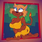  anthro bloodshot_eyes blue_eyeshadow breasts brown_body brown_fur burning_tail cheek_tuft cleavage clothed clothing comedic_injury cross-eyed dazed ear_piercing ear_ring eyeshadow facial_tuft fangs felid female fire fur gavanzude glistening glistening_breasts glistening_hip hi_res kidd_video kneeling lion makeup mammal midriff multicolored_body multicolored_fur pantherine piercing ring_piercing scratches she_lion_(copycats) slumped solo teeth torn_clothing tuft two_tone_body two_tone_fur 