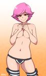  akairiot blush breasts contrapposto covering covering_breasts cowboy_shot doubutsu_no_mori highres large_breasts looking_at_viewer navel orange_eyes panties pink_hair smile solo standing striped striped_legwear super_smash_bros. thighhighs underwear underwear_only villager_(doubutsu_no_mori) 