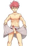  1boy abs aper_sexy blush fairy_tail male_focus muscle natsu_dragneel naughty_face pecs penis pink_hair solo topless undressing 