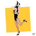  1girl animal_ears arms_up black_bow black_bowtie black_hair black_leotard black_shoes blunt_bangs bow bowtie brown_pantyhose closed_eyes commentary_request dated detached_collar fake_animal_ears fake_tail flat_chest full_body high_heels highleg highleg_leotard highres leotard low_twintails open_mouth original oversized_breast_cup pantyhose playboy_bunny rabbit_ears rabbit_pose rabbit_tail shoes signature solo standing standing_on_one_leg stiletto_heels strapless strapless_leotard tail tocky traditional_bowtie twintails white_wrist_cuffs wrist_cuffs 