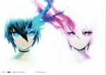 2girls absurdres black_choker black_hair black_rock_shooter black_rock_shooter_(character) black_rock_shooter_(game) blue_eyes blue_fire choker fire flaming_eye glowing glowing_eye highres huke incredibly_absurdres multiple_girls official_art pale_skin pink_eyes pink_fire polar_opposites production_art stella_(black_rock_shooter) white_choker white_rock_shooter 