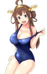  :d ahoge breasts brown_hair cleavage covered_navel double_bun hairband headband headgear kantai_collection kongou_(kantai_collection) large_breasts long_hair looking_at_viewer one-piece_swimsuit open_mouth purple_eyes school_swimsuit shigure_ryuunosuke sitting smile solo swimsuit undressing white_background 