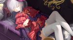  closed_eyes dress hat highres k_(anime) kushina_anna liuliyu lolita_fashion long_hair parted_lips red_dress silver_hair sleeping solo thighhighs white_legwear 