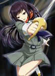  black_hair brown_eyes commentary_request foreshortening kirishima_eriko long_sleeves looking_at_viewer persona persona_1 ponytail school_uniform shirosame smile solo st._hermelin_school_uniform sword weapon 