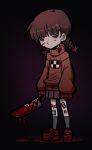  1girl absurdres bags_under_eyes bandaid bandaid_on_leg bisotin_(bisobisobro) black_socks blood blood_on_clothes blood_on_face blood_on_hand blood_on_weapon braid brown_hair closed_eyes closed_mouth highres holding holding_knife kitchen_knife kneehighs knife long_hair long_sleeves madotsuki mary_janes pink_sweater pleated_skirt pool_of_blood print_sweater purple_skirt red_shoes shoes skirt sleeves_past_wrists socks solo sweater turtleneck turtleneck_sweater twin_braids weapon yume_nikki 