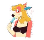  animal_crossing anthro audie_(animal_crossing) blonde_hair blue_popsicle blush bust_portrait eating eating_popsicle female food fur hair looking_aside nintendo nipple_outline peachy_bat popsicle popsicle_in_mouth popsicle_melting portrait question_mark simple_background solo sucking_popsicle white_background 