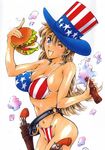  america american_flag ass blonde_hair blue_eyes blush bra breasts cheeseburger cleavage crying_bald_eagle drink female food gun large_breasts long_hair looking_at_viewer maguro_teikoku one_eye_closed open_mouth panties smile solo underwear weapon 
