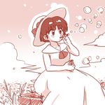  bow bubble_blowing cloud dress hat hat_bow monochrome outdoors ranma_1/2 short_hair sitting sketch solo sun_hat tendou_akane wanta_(futoshi) white_dress 