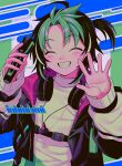  1boy :d ^_^ absurdres ahoge black_hair black_jacket border character_name chromatic_aberration closed_eyes commentary_request facing_viewer film_grain fingernails green_border green_hair grin halftone halftone_background hands_up headphones headphones_around_neck highres holding holding_microphone hood hooded_jacket inami_rai inami_rai_(2nd_costume) jacket long_sleeves male_focus menma_(enaic31) microphone multicolored_hair nijisanji official_alternate_costume open_clothes open_jacket outside_border puffy_long_sleeves puffy_sleeves red_hood shirt short_hair side_ponytail signature simple_background smile solo streaked_hair turtleneck turtleneck_shirt upper_body virtual_youtuber watermark waving white_background white_hair white_shirt 