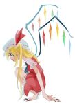  blonde_hair crystal dress fingernails flandre_scarlet full_body hat hat_ribbon long_fingernails long_hair long_toenails mob_cap nail_polish open_mouth profile red_eyes ribbon sakamoto_(pompa) sharp_teeth short_sleeves side_ponytail simple_background smile solo squatting teeth toenails touhou white_background wings 