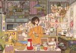  1girl absurdly_detailed_composition analog_clock apple artist_name bell bell_pepper bird book bra_strap bread bread_slice brown_hair cabinet can candle candlestand candy candy_cane chair chicken clock coffee_maker commentary_request cooking_pot crazy_straw cup curtains drink_can drinking_straw earphones_around_neck faucet floating_curtains flower food fried_egg fruit fruit_bowl glass_jar green_bell_pepper hanging_light hanging_plant heart_straw holding holding_can indoors jewelry kettle kitchen ladle lemon loaded_interior looking_to_the_side magnet microwave mug off-shoulder_shirt off-shoulder_sweater off_shoulder opening_can orange_sweater original oven oven_mitts parted_lips picture_frame pineapple plant plate potted_plant refrigerator refrigerator_magnet ring rose scissors shelf shirt short_hair single_off_shoulder sink slice_of_life snow_globe solo spoon standing steam stove straight_hair stuffed_animal stuffed_rabbit stuffed_toy sweater table teacup toast turning_head unworn_oven_mitts vase wallet wan_(rdnt5487) white_shirt window 