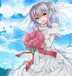  alternate_costume bad_id bad_pixiv_id bare_shoulders blue_eyes blue_sky blush bouquet breasts bridal_veil bride cloud cloudy_sky collar day dress elbow_gloves flower gloves highres jewelry kantai_collection kashima_(kantai_collection) large_breasts nebusoku open_mouth sidelocks silver_hair sky solo tears tsurime twintails veil wavy_hair wedding_dress white_dress 