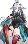  1girl absurdres arcane_(arknights) arknights arknights:_endfield arm_cutout black_gloves black_thighhighs breasts chinese_commentary chromatic_aberration clothing_cutout commentary_request curtained_hair diamond-shaped_pupils diamond_(shape) facial_mark finger_to_mouth forehead_mark gloves grey_hair groin highres hood hood_down knee_up long_hair long_sleeves looking_at_viewer medium_breasts mizuhashi_parusui parted_lips partial_commentary purple_eyes red_thighhighs shushing simple_background solo symbol-shaped_pupils thighhighs white_background 