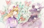  2girls belt black_capelet black_hat blonde_hair bow branch brown_hair bug butterfly buttons capelet collared_dress commentary_request contrast_collar dress hat hat_bow highres long_hair long_sleeves looking_at_viewer maribel_hearn medium_hair mob_cap multiple_girls navybluesparrow purple_dress shirt touhou traditional_media trojan_green_asteroid upper_body usami_renko white_bow white_hat white_shirt yellow_eyes 