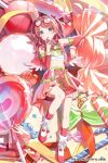  1girl artist_request bad_source belt blue_eyes candy candy_cane copyright_notice cropped_shirt detached_sleeves eyewear_on_head fake_wings food food-themed_background full_body fur-trimmed_sleeves fur_trim gakuen_idolmaster green_belt hanami_saki highres holding holding_food idolmaster leaning_on_object lollipop long_hair looking_at_viewer miniskirt navel official_art open_mouth oversized_food oversized_object pom_pom_(clothes) red_hair red_shoes red_skirt red_sleeves red_socks red_wings second-party_source shirt shoes skirt socks solo standing sunglasses two_side_up white_shirt wings 