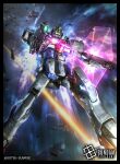  absurdres aiming arm_shield asteroid beam_rifle black_border border commentary_request company_name copyright_logo copyright_notice energy_barrier energy_gun energy_shield green_eyes gun gundam gundam_card_game highres holding holding_gun holding_weapon logo mecha mecha_focus mobile_suit no_humans official_art raruru robot science_fiction solo space star_(sky) sunrise_(company) v-fin v_gundam victory_gundam weapon 