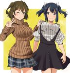 ;) alternate_costume blue_eyes blue_hair blush breasts brown_eyes brown_hair buttons casual dress hand_on_another's_shoulder hiryuu_(kantai_collection) kantai_collection large_breasts long_hair long_sleeves looking_at_viewer multiple_girls okuba one_eye_closed one_side_up ribbed_sweater short_hair skirt sleeveless sleeveless_dress smile souryuu_(kantai_collection) sweater turtleneck twintails 