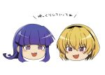  2girls :3 black_hairband blonde_hair blue_hair commentary_request fang furude_rika hairband head_only highres higurashi_no_naku_koro_ni houjou_satoko light_blush multiple_girls open_mouth purple_eyes short_hair simple_background skin_fang translation_request v-shaped_eyebrows white_background yukkuri_shiteitte_ne yuno_ff 
