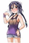  black_hair blush braid breasts brown_eyes covered_nipples hair_ornament hairclip idolmaster idolmaster_cinderella_girls long_hair miyoshi_sana see-through shorts small_breasts solo sweat twin_braids wet wet_clothes yunodon_(sugar_maple) 