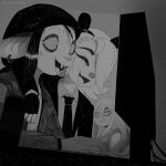  2026 absurd_res accessory american_opossum annoyed anthro arm_over_body aye-aye beanie black_hair bonding brother_(lore) brother_and_sister_(lore) chair clothed clothing computer copyright_symbol dark_room digital_media_(artwork) duo electronics english_description english_text eye_bags eyes_closed fangs female fully_clothed furniture greyscale group hair hair_strands happy hat hatching_(art) headgear headwear hi_res home jacket kuhlzull lemur long_fingers long_hair maeve_(kuhlzull) male mammal marsupial messy_hair monochrome necktie neet older_sister on_chair primate reed_(kuhlzull) screen_glow shaded sharp_teeth shirt short_hair sibling_(lore) sister_(lore) sitting sitting_on_chair standing strepsirrhine suit symbol t-shirt table teeth text thrym_(mots) topwear trio triplets_(lore) typing wire younger_brother 