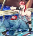  bandana billy_kane black_gloves blonde_hair blue_eyes boots defeat denim fatal_fury fingerless_gloves flag flag_print gloves hat jeans male_focus muscle pants short_hair staff terry_bogard the_king_of_fighters water wet wet_clothes yk 