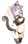  alternate_costume animal_ears arami_o_8 armpits arms_behind_head arms_up bangs bell bell_choker black_flower black_legwear black_panties black_rose breasts cameltoe cat_cutout cat_ear_panties cat_ears cat_lingerie cat_tail choker cleavage_cutout closed_mouth cowboy_shot cropped_legs dagashi_kashi eyebrows eyebrows_visible_through_hair fake_animal_ears flower frills groin hair_flower hair_ornament hair_ribbon hairband heart jingle_bell large_breasts licking_lips looking_at_viewer meme_attire nail_polish navel panties purple_hair red_nails ribbon ringed_eyes rose shidare_hotaru short_hair side-tie_panties simple_background smile solo stomach tail thighs tongue tongue_out underwear underwear_only white_background 