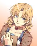  1girl absurdres aina_holden blonde_hair blue_eyes clipboard commentary eiyuu_densetsu hair_between_eyes highres jewelry long_hair looking_at_viewer necklace notepad simple_background smile sora_no_kiseki yuzukiyo 