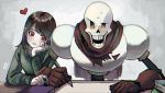  1boy 1other androgynous chara_(undertale) gloves open_mouth papyrus_(undertale) pencil red_eyes scarf shirt shousan_(hno3syo) skeleton smile source_request undertale yellow_eyes 