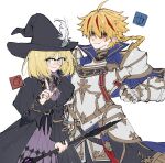  1boy 1girl absurdres ahoge aqua_eyes armor black_capelet black_hat black_mage_(final_fantasy) black_mage_(final_fantasy)_(cosplay) black_robe blonde_hair blush braid capelet closed_mouth cosplay cowboy_shot earrings fang fate/strange_fake fate_(series) feathers final_fantasy final_fantasy_xiv gauntlets glasses hand_tattoo hat hat_feather highres holding holding_staff index_finger_raised jewelry looking_at_viewer mage_staff multicolored_hair over-rim_eyewear pauldrons pink_eyes red_hair richard_i_(fate) ring robe sajou_ayaka_(fate/strange_fake) semi-rimless_eyewear shoulder_armor shuouyu simple_background single_braid staff streaked_hair tattoo warrior_of_light_(ff14) white_background white_feathers witch_hat 