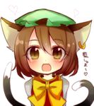  :d animal_ears arms_behind_back brown_eyes brown_hair cat_ears cat_tail chen earrings hat jewelry looking_at_viewer mob_cap multiple_tails nekomata open_mouth ruhika single_earring smile solo tail touhou 