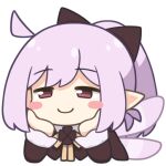  1girl ahoge blush_stickers bow brown_bow brown_dress brown_eyes commentary_request dress fairy fairy_wings hair_bow head_on_hands jitome kitagawa_suigetsu original pink_hair pink_wings pointy_ears ponytail portrait smile solo trian_(kitagawa_suigetsu) white_background wings 