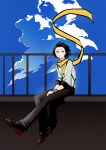  1boy black_hair black_pants black_shoes blue_eyes blue_sky cloud cloudy_sky floating_scarf full_body highres male_focus mochizuki_ryouji mole mole_under_eye otoko_haza pants persona persona_3 railing rooftop scarf shirt shoes short_hair sitting sky solo white_shirt yellow_scarf 