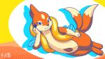  16:9 2_tails 3_fingers 3_toes ambiguous_gender anthro arm_fin biped countershading digital_drawing_(artwork) digital_media_(artwork) eye_spots fangs feet fin fingers floatzel front_view fulgito_ast generation_4_pokemon geometric_background hand_on_cheek hi_res lidded_eyes looking_at_viewer lying multi_tail nintendo on_side orange_body paws pokemon pokemon_(species) screentone shaded signature simple_background smile smiling_at_viewer snout solo spanish_description tail tan_body teeth toes widescreen 