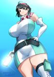  1girl absurdres artist_name arutesu_ara bare_shoulders black_hair breasts closed_mouth commentary_request dated digimon digimon_story:_time_stranger dress elbow_gloves eyewear_on_head gloves goggles goggles_on_head hand_on_own_hip highres holding holding_phone large_breasts looking_at_viewer phone scarf short_hair single_thighhigh solo thighhighs twitter_username two-tone_dress two-tone_scarf white_gloves yuuki_kanan 