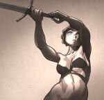 1girl breasts collarbone commentary english_commentary grey_eyes hand_shadow_covering_breasts_(meme) highres holding holding_sword holding_weapon ironlily meme navel original outstretched_arms parted_lips sepia shadow short_hair solo sword toned toned_female topless_female weapon weapons_instructor_(ironlily) 