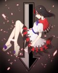  1girl arrow_(symbol) arrow_print black_hair blue_bow blue_bowtie bow bowtie capelet commentary_request double_dealing_character dress floating grey_background highres kijin_seija kuroha_shinmi long_hair looking_at_viewer multicolored_dress multicolored_hair puffy_short_sleeves puffy_sleeves red_capelet red_eyes red_nails short_sleeves slippers small_horns solo touhou white_dress white_slippers 