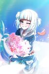  1girl blue_eyes blue_hoodie blue_streaks blue_tail blunt_bangs blush bouquet bubble commentary cowboy_shot fins fish_tail flower gawr_gura gawr_gura_(1st_costume) grey_hair hair_ornament highres holding holding_bouquet hololive hololive_english hood hood_down hoodie kotodekun long_hair long_sleeves looking_at_viewer multicolored_hair one_eye_closed pink_flower pocket shark_girl shark_print shark_tail sharp_teeth short_twintails shrimp simple_background smile solo sparkle standing stitched_tail streaked_hair tail teeth twintails untranslatable_commentary virtual_youtuber water white_hood 