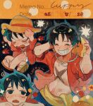  1boy black_hair blue_shorts character_name closed_eyes commentary cross_scar dated fish grin hat hat_on_back highres male_focus monkey_d._luffy multiple_views one_piece open_clothes open_mouth open_shirt red_shirt sandals sash scar scar_on_cheek scar_on_chest scar_on_face shirt short_hair shorts smile straw_hat sweatdrop upper_body wuzhou0306 yellow_sash 