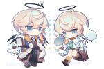  2boys :o animal_ears arknights ascot black_halo black_pants black_wings blonde_hair blue_ascot blue_eyes blue_necktie braided_scarf brown_coat brown_vest chibi chinese_commentary cinnamoroll coat collared_shirt commentary_request commission deerstalker dog_ears dual_persona empty_eyes executor_(arknights) executor_(young)_(arknights) executor_the_ex_foedere_(arknights) executor_the_ex_foedere_(the_train_runner)_(arknights) food fuwa_fuwa_cinnamoroll halo hat highres holding holding_food holding_ice_cream holding_magnifying_glass holding_notepad holding_spoon ice_cream kemonomimi_mode looking_at_viewer magnifying_glass male_focus mixed-language_commentary multiple_boys necktie nitrogen_owo notepad pants sanrio scarf shirt short_hair simple_background spoon striped_clothes striped_necktie suitcase vest watermark white_background white_scarf white_shirt wings yellow_necktie 