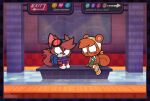  2019 2026 ajmarekart angry anniversary blue_eyewear blue_goggles confusion domestic_cat duo electronics eyewear felid feline felis female game_console goggles hi_res high_top_shoes male mammal mitzi_(ajmarekart) murphy_(ajmarekart) murphy_and_mitzi red_lens remake rodent sciurid sitting subway_station tree_squirrel 