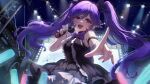  1girl :d aplior arm_strap black_dress black_ribbon blush bow bowtie center_frills commentary_request concert cowboy_shot dress eyelashes floating_hair foreshortening frilled_dress frills glint glowstick hair_between_eyes hair_ribbon hand_up highres holding holding_microphone idol idol_clothes index_finger_raised long_hair looking_at_viewer microphone nail_polish night open_mouth original outdoors painttool_sai_(medium) pink_eyes pointing pointing_at_viewer pointy_ears purple_bow purple_bowtie purple_hair red_nails ribbon sidelocks sleeveless sleeveless_dress smile solo stage stage_lights tareme teeth twintails upper_teeth_only very_long_hair 