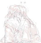  2girls bite_mark bite_mark_on_breast blush breasts butterfly_hair_ornament closed_eyes collarbone commentary_request greyscale hair_down hair_ornament heart hickey highres japanese_clothes kimetsu_no_yaiba kimono kochou_shinobu long_hair monochrome multiple_girls nipples numoo10233 off_shoulder small_breasts spoken_heart sweat tsuyuri_kanao yuri 