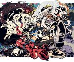  2boys armlet black_cape black_nails body_markings boots cape colored_skin demon_boy demon_horns demon_tail fighting gear_fifth grin hagoromo highres horns jewelry knee_boots long_hair looking_at_another male_focus monkey_d._luffy multiple_boys nerona_imu one_piece open_mouth orange_eyes red_eyes red_skin ringed_eyes scar scar_on_chest scar_on_face shawl short_hair shorts skull smile spiked_armlet tail taku_(aywakutakuay) topless_male white_cape white_hair white_shorts 