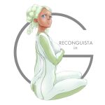  1girl aobito_sukoyaka_bystander ass blue_eyes bodysuit breasts commentary_request dark-skinned_female dark_skin eyelashes from_behind full_body green_bodysuit gundam gundam_g_no_reconguista hair_bun hair_rings highres looking_at_viewer looking_back mecha_pilot_suit multicolored_bodysuit parted_lips raraiya_monday sitting skin_tight solo two-tone_bodysuit 