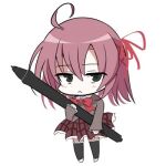  1girl :< ahoge black_thighhighs blush brown_jacket chibi chibi_only closed_mouth commentary_request frilled_skirt frilled_thighhighs frills frown full_body green_eyes hair_between_eyes hair_ribbon holding holding_pen horse_racing_track jacket jitome looking_at_viewer lowres medium_hair melani_e miniskirt pen pink_hair plaid_clothes plaid_skirt pleated_skirt red_ribbon red_skirt ribbon sakurano_kurimu school_uniform seitokai_no_ichizon simple_background skirt solo thighhighs white_background zettai_ryouiki 