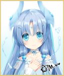  1girl blue_eyes blue_hair blush choker hair_bobbles hair_ornament heart heart-shaped_pupils long_hair looking_at_viewer mvv original smile solo symbol-shaped_pupils water 