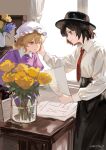  2girls absurdres artist_name black_hat black_skirt blonde_hair brown_eyes brown_hair buttons chinese_commentary closed_mouth collared_dress collared_shirt commentary_request contrast_collar curtains dress flower_pot flower_request hair_between_eyes hand_on_another's_cheek hand_on_another's_face hat highres holding holding_paper jsnttzzj long_skirt long_sleeves maribel_hearn medium_hair mob_cap multiple_girls necktie paper purple_dress red_necktie shirt shirt_tucked_in short_hair skirt smile standing table touhou usami_renko white_hat white_shirt window 